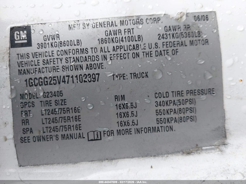 2007 Chevrolet Express Work Van VIN: 1GCGG25V471102397 Lot: 44347009