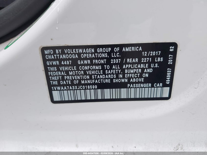 2018 Volkswagen Passat 2.0T R-Line/2.0T S VIN: 1VWAA7A3XJC018599 Lot: 44347056
