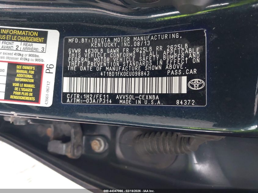 2014 Toyota Camry Hybrid Le VIN: 4T1BD1FK0EU098843 Lot: 44347066