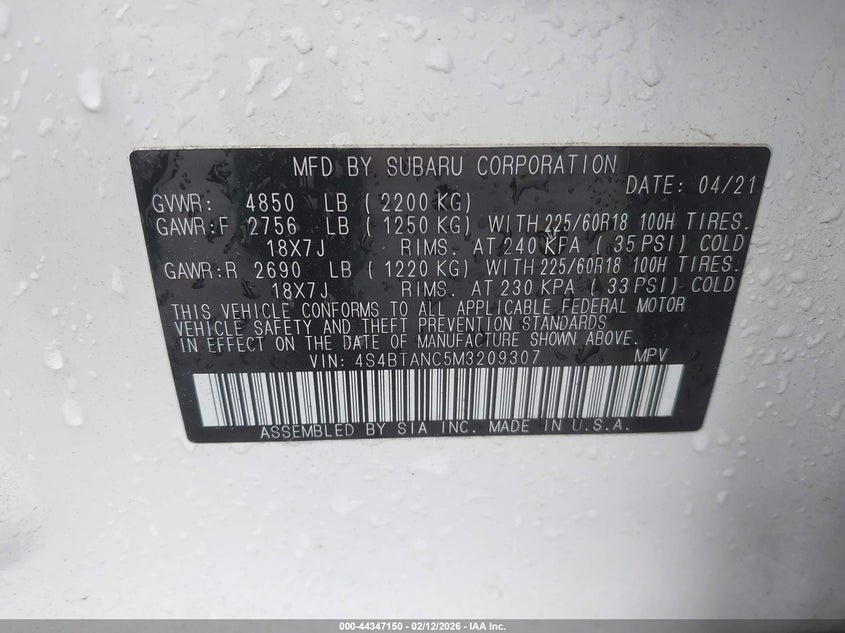 2021 Subaru Outback Limited VIN: 4S4BTANC5M3209307 Lot: 44347150