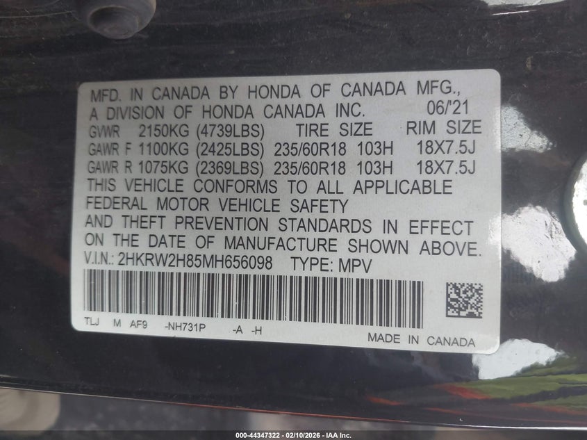 VIN 2HKRW2H85MH656098 2021 HONDA CR-V AWD EX-L