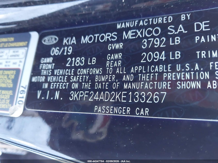 2019 Kia Forte Lxs VIN: 3KPF24AD2KE133267 Lot: 44347784
