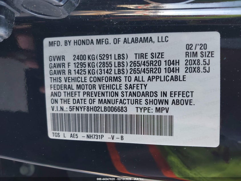 2020 Honda Passport Awd Elite VIN: 5FNYF8H02LB006683 Lot: 44347820