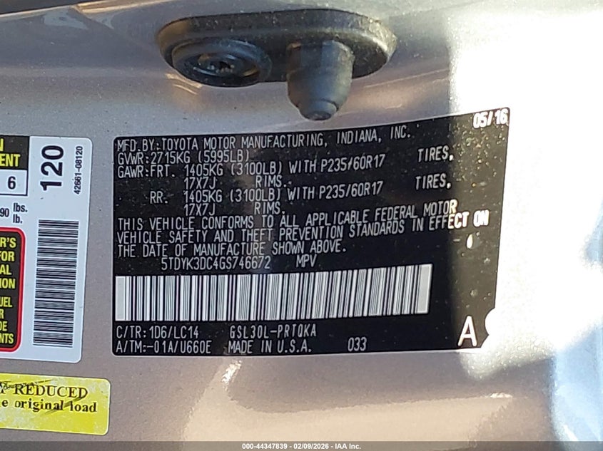 2016 Toyota Sienna Xle 8 Passenger VIN: 5TDYK3DC4GS746672 Lot: 44347839