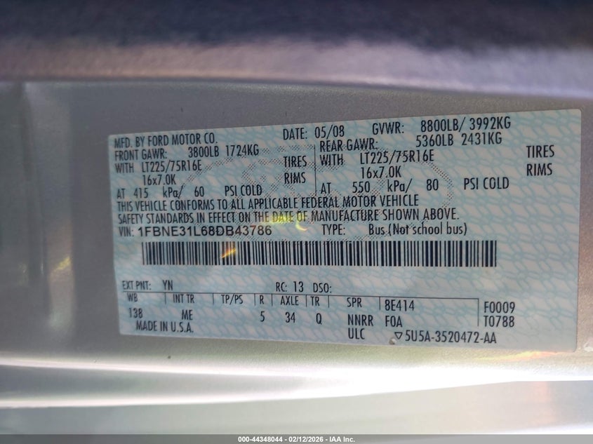 2008 Ford E-350 Super Duty Xl/Xlt VIN: 1FBNE31L68DB43786 Lot: 44348044