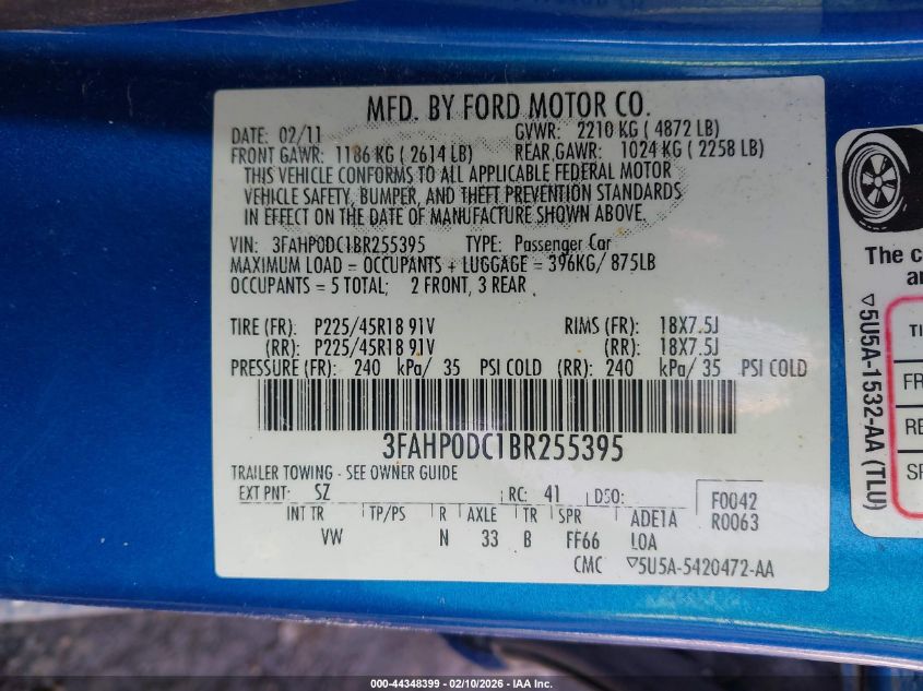 2011 Ford Fusion Sport VIN: 3FAHP0DC1BR255395 Lot: 44348399