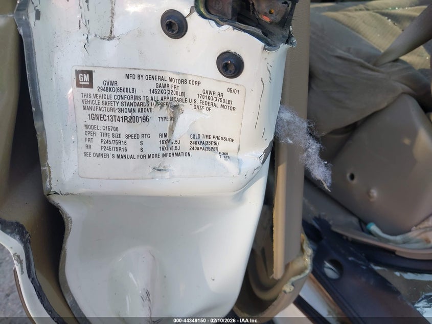 2001 Chevrolet Tahoe Ls VIN: 1GNEC13T41R200196 Lot: 44349150