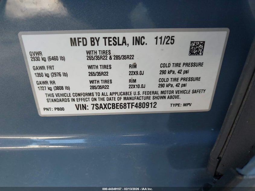 VIN 7SAXCBE68TF480912 2026 TESLA MODEL X PLAID