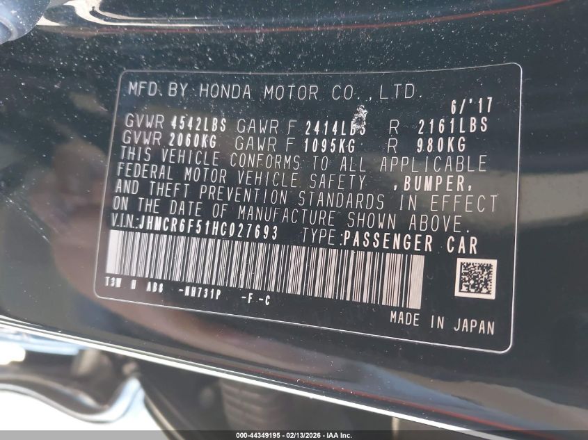 2017 Honda Accord Hybrid Ex-L VIN: JHMCR6F51HC027693 Lot: 44349195