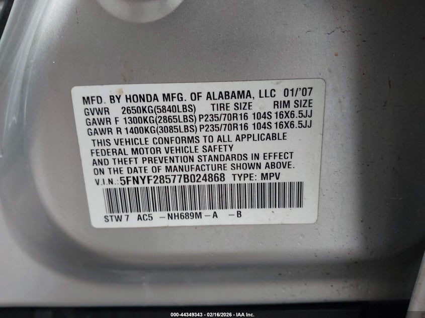 2007 Honda Pilot Ex-L VIN: 5FNYF28577B024868 Lot: 44349343