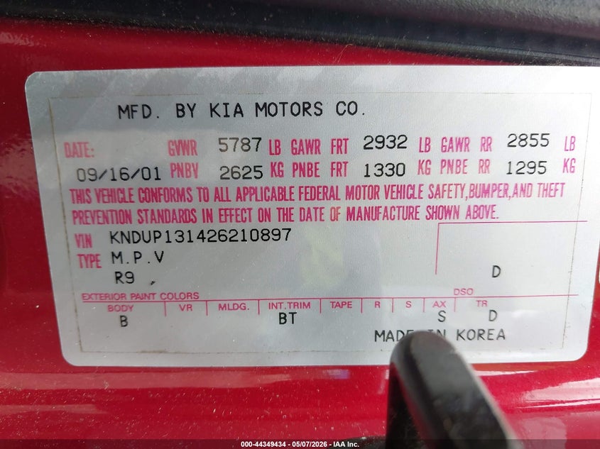 2002 Kia Sedona Ex/Lx VIN: KNDUP131426210897 Lot: 44349434
