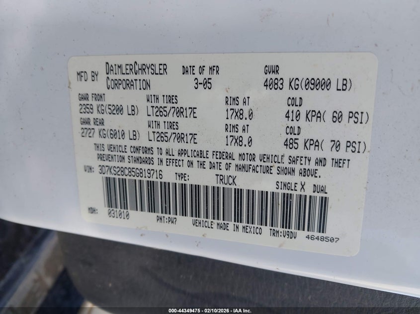 2005 Dodge Ram 2500 Slt/Laramie VIN: 3D7KS28C85G819716 Lot: 44349475