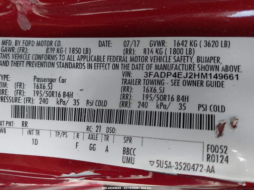 2017 Ford Fiesta Se VIN: 3FADP4EJ2HM149661 Lot: 44349549