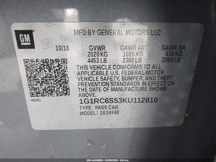 2019 Chevrolet Volt Lt VIN: 1G1RC6S53KU112810 Lot: 44349699