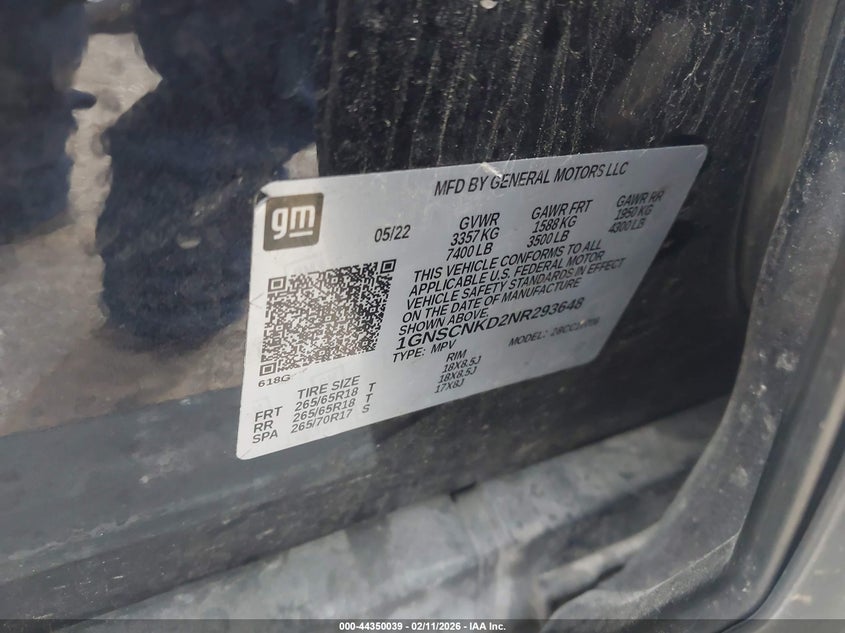 2022 Chevrolet Tahoe 2Wd Lt VIN: 1GNSCNKD2NR293648 Lot: 44350039