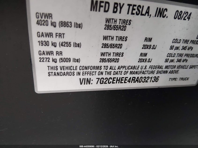 2024 Tesla Cybertruck Cyberbeast VIN: 7G2CEHEE4RA032136 Lot: 44350090