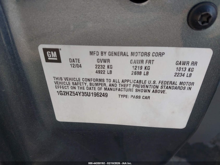 2005 Pontiac Bonneville Gxp VIN: 1G2HZ54Y35U196249 Lot: 44350192