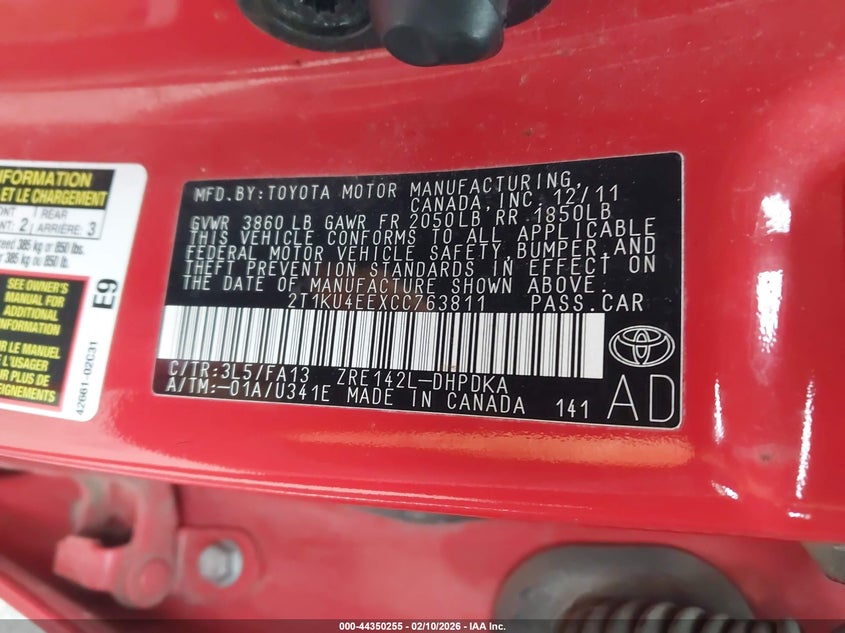 2012 Toyota Matrix L VIN: 2T1KU4EEXCC763811 Lot: 44350255