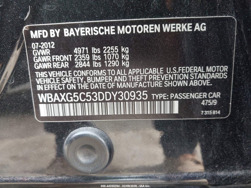 2013 BMW 528I VIN: WBAXG5C53DDY30935 Lot: 44350294