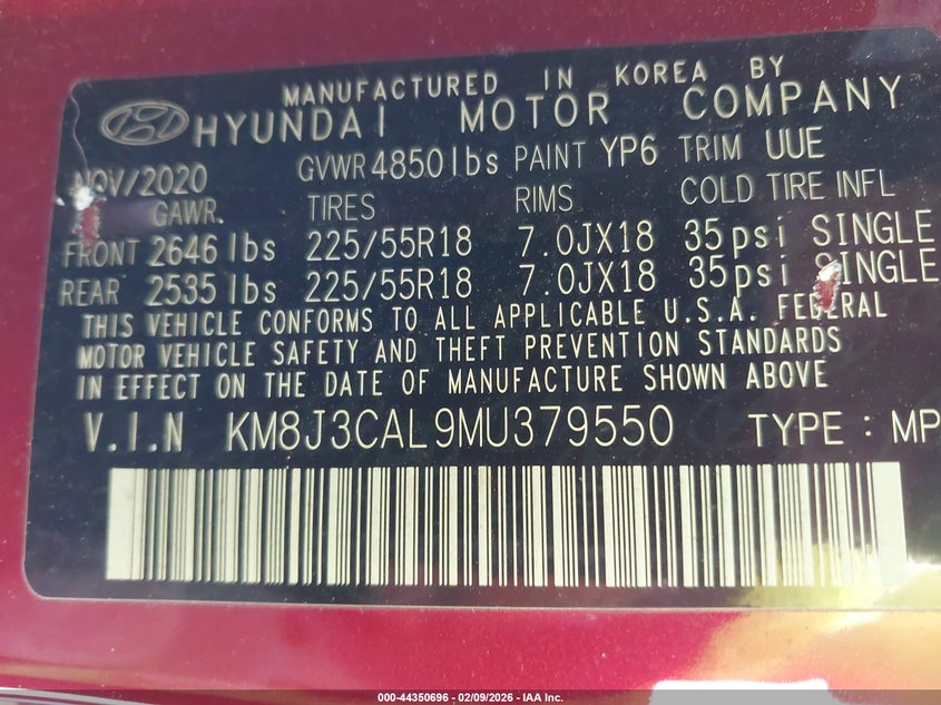 VIN KM8J3CAL9MU379550 2021 HYUNDAI TUCSON SEL