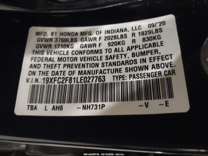 2020 Honda Civic Sport VIN: 19XFC2F81LE027763 Lot: 44350739
