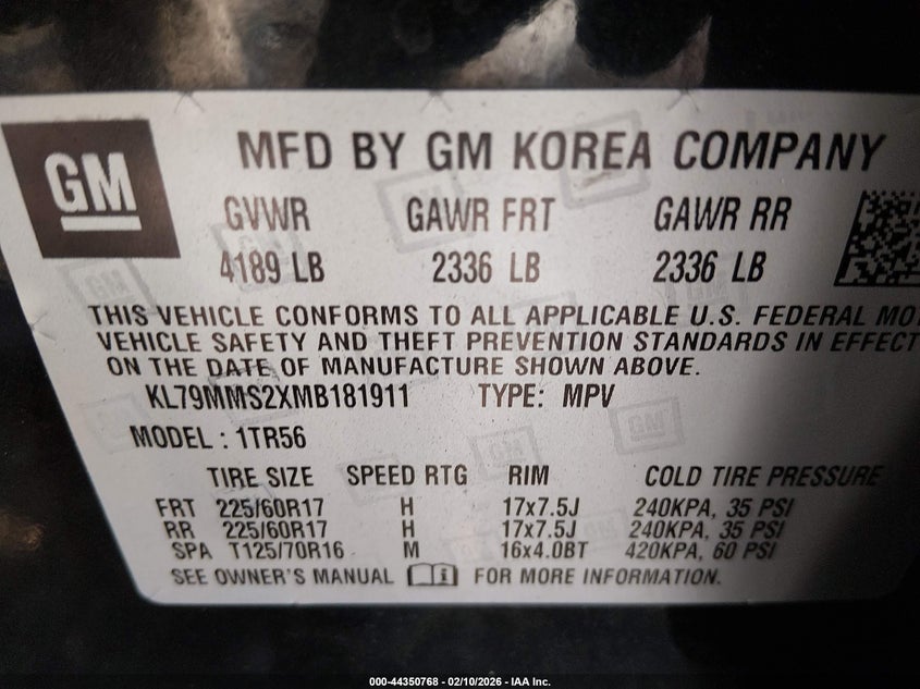 VIN KL79MMS2XMB181911 2021 CHEVROLET TRAILBLAZER FWD LS
