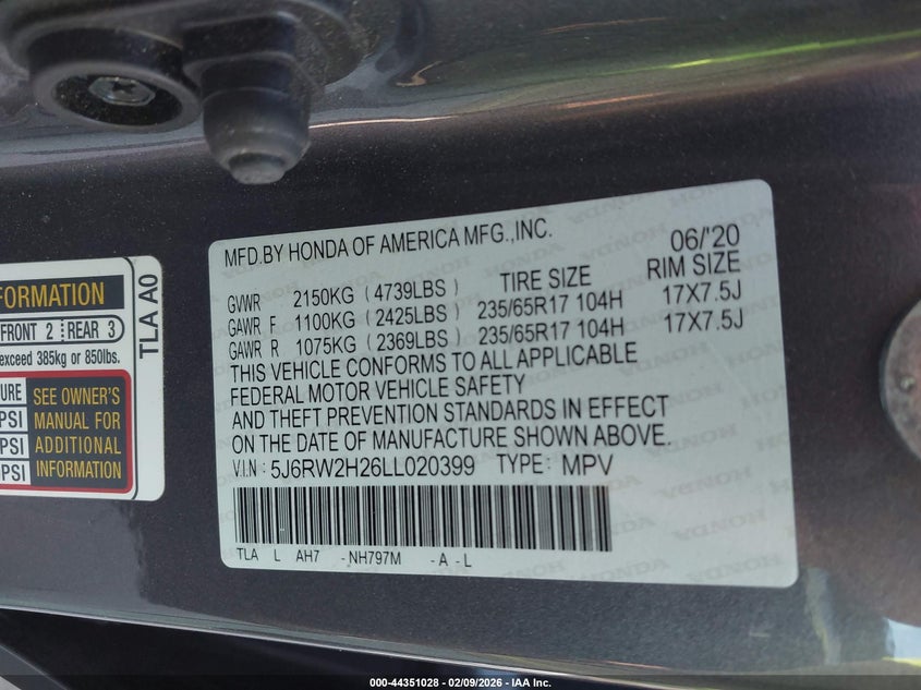 VIN 5J6RW2H26LL020399 2020 HONDA CR-V AWD LX