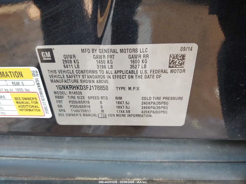2015 Chevrolet Traverse 2Lt VIN: 1GNKRHKD3FJ178850 Lot: 44351039