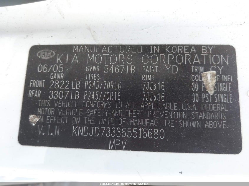 2006 Kia Sorento Ex/Lx VIN: KNDJD733365516680 Lot: 44351049