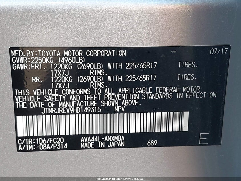 2017 Toyota Rav4 Hybrid Xle VIN: JTMRJREV9HD149315 Lot: 44351118