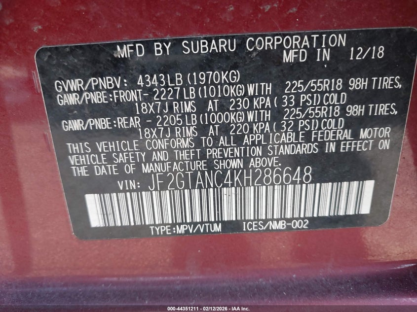 2019 Subaru Crosstrek 2.0I Limited VIN: JF2GTANC4KH286648 Lot: 44351211