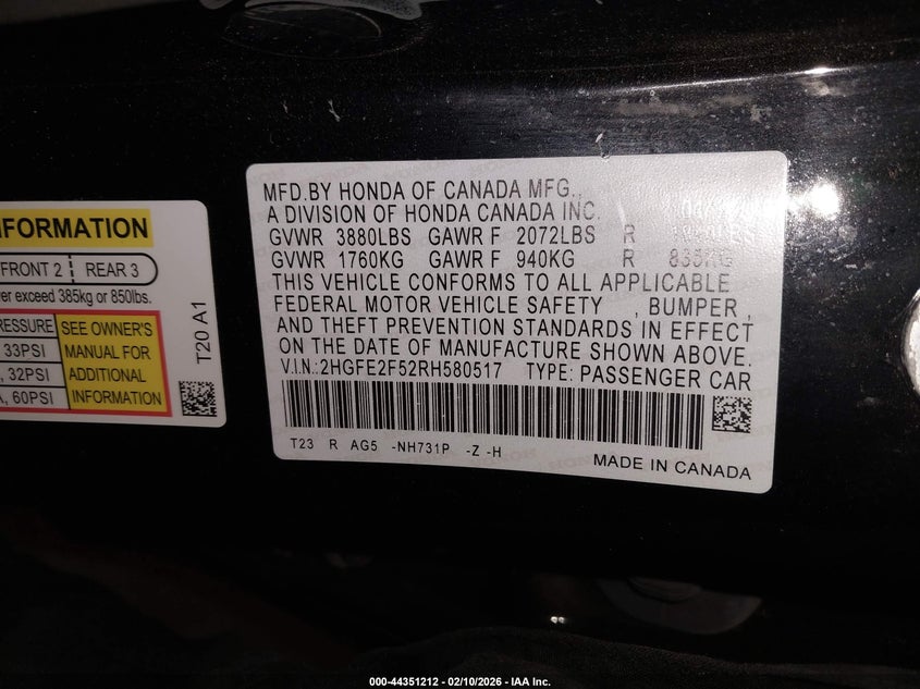 VIN 2HGFE2F52RH580517 2024 HONDA CIVIC SPORT