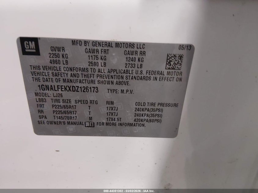 2013 Chevrolet Equinox Ltz VIN: 1GNALFEKXDZ126173 Lot: 44351302