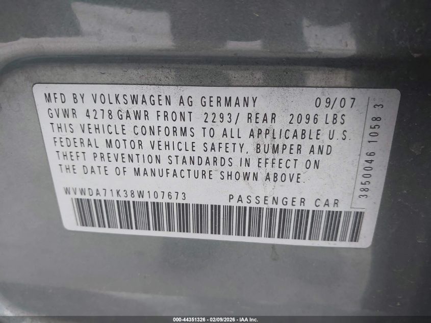 2008 Volkswagen Rabbit S VIN: WVWDA71K38W107673 Lot: 44351326