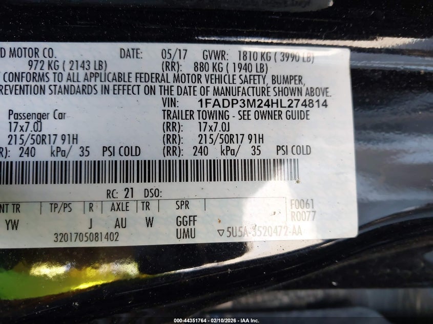 2017 Ford Focus Sel VIN: 1FADP3M24HL274814 Lot: 44351764