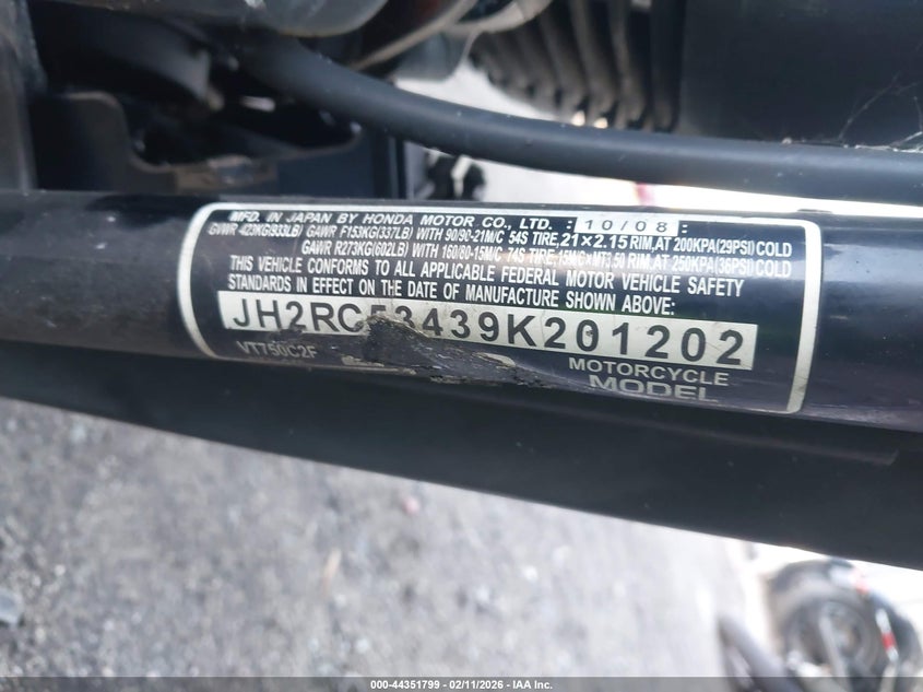 2009 Honda Vt750 C2F VIN: JH2RC53439K201202 Lot: 44351799