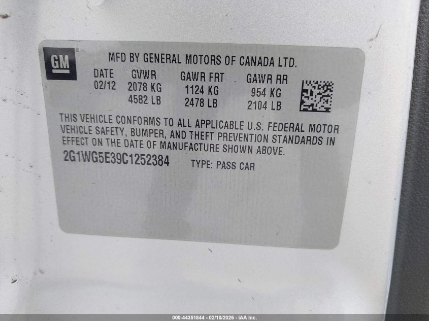 2012 Chevrolet Impala Lt VIN: 2G1WG5E39C1252384 Lot: 44351844