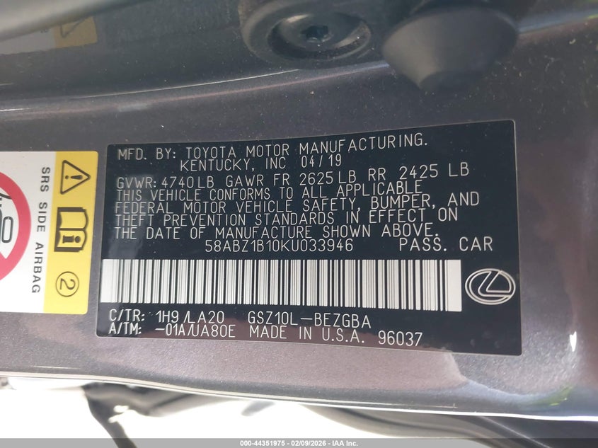 2019 Lexus Es 350 VIN: 58ABZ1B10KU033946 Lot: 44351975