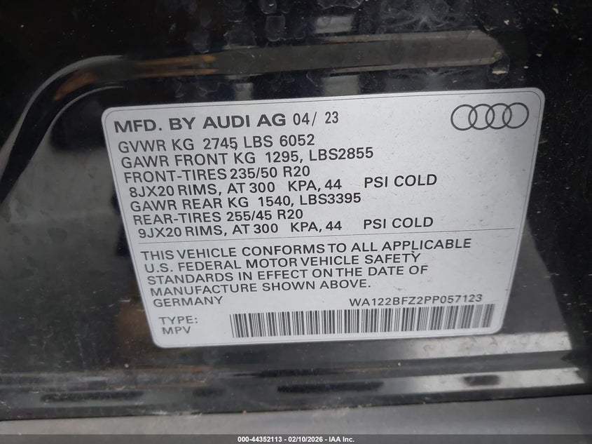 VIN WA122BFZ2PP057123 2023 AUDI Q4 SPORTBACK E-TRON PREMIUM 50 QUATTRO