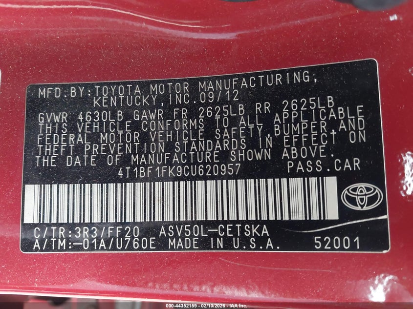 2012 Toyota Camry 2.5 Se Limited Edition red Lot 111044352159 Vin 4T1BF1FK9CU620957