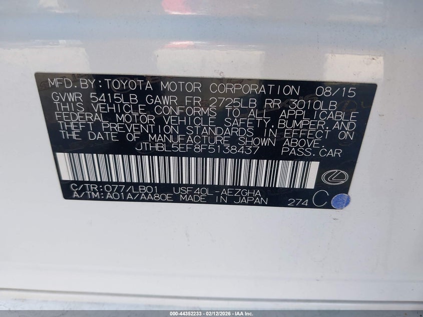 2015 Lexus Ls 460 VIN: JTHBL5EF8F5138437 Lot: 44352233