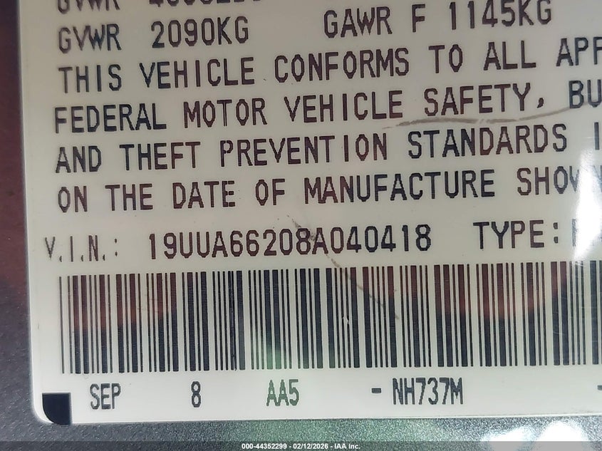 2008 Acura Tl 3.2 VIN: 19UUA66208A040418 Lot: 44352299