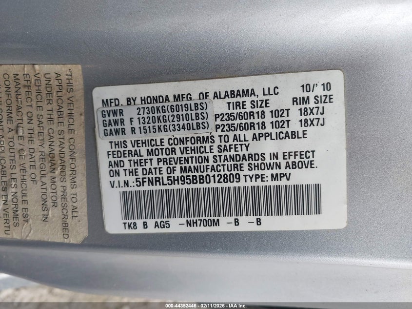 2011 Honda Odyssey Touring/Touring Elite VIN: 5FNRL5H95BB012809 Lot: 44352446