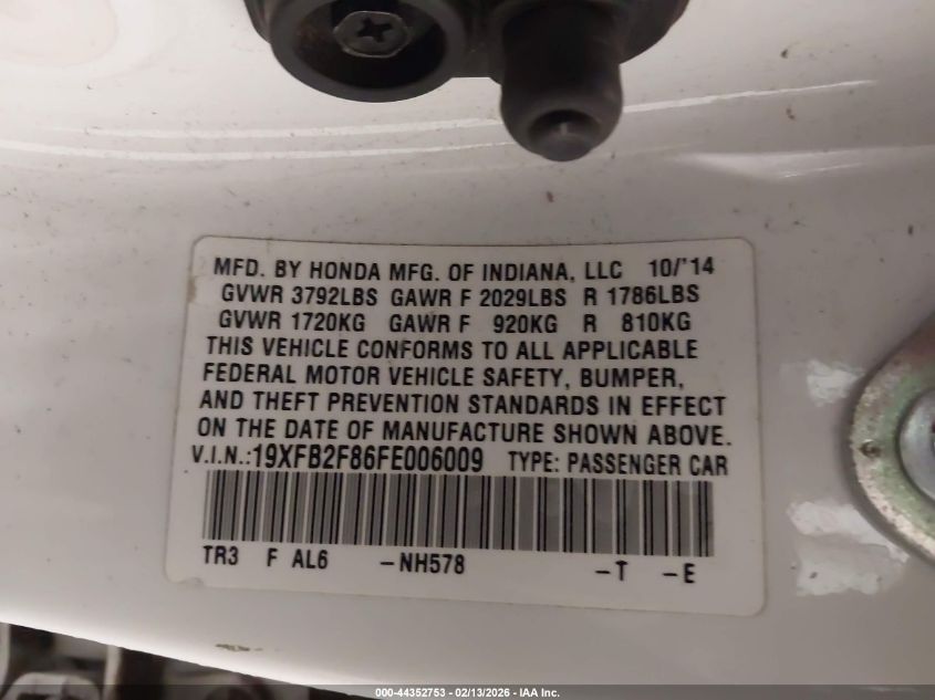 2015 Honda Civic Ex VIN: 19XFB2F86FE006009 Lot: 44352753