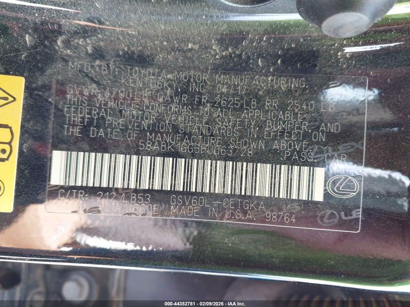 2017 Lexus Es 350 VIN: 58ABK1GG5HU063728 Lot: 44352781