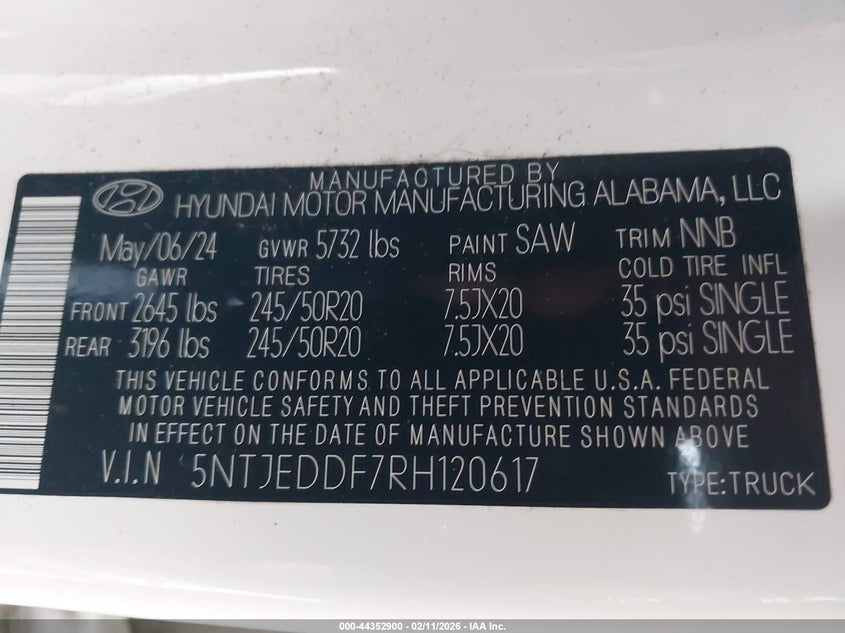 2024 Hyundai Santa Cruz Limited VIN: 5NTJEDDF7RH120617 Lot: 44352900