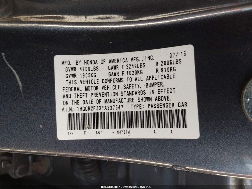 2015 Honda Accord Lx VIN: 1HGCR2F3XFA237647 Lot: 44353097