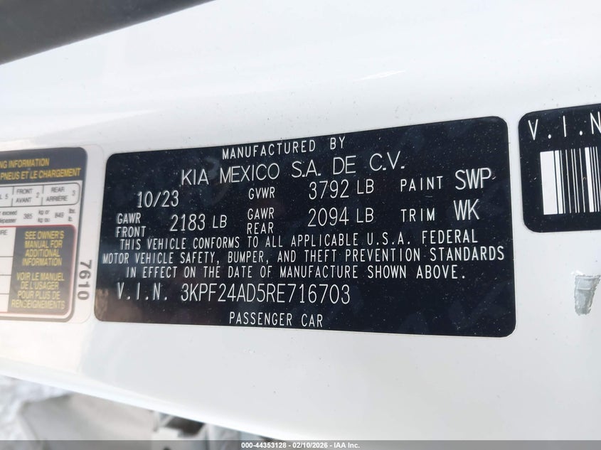 2024 KIA FORTE 2.0L I-4 DOHC, VVT, (VIN: 3KPF24AD5RE716703