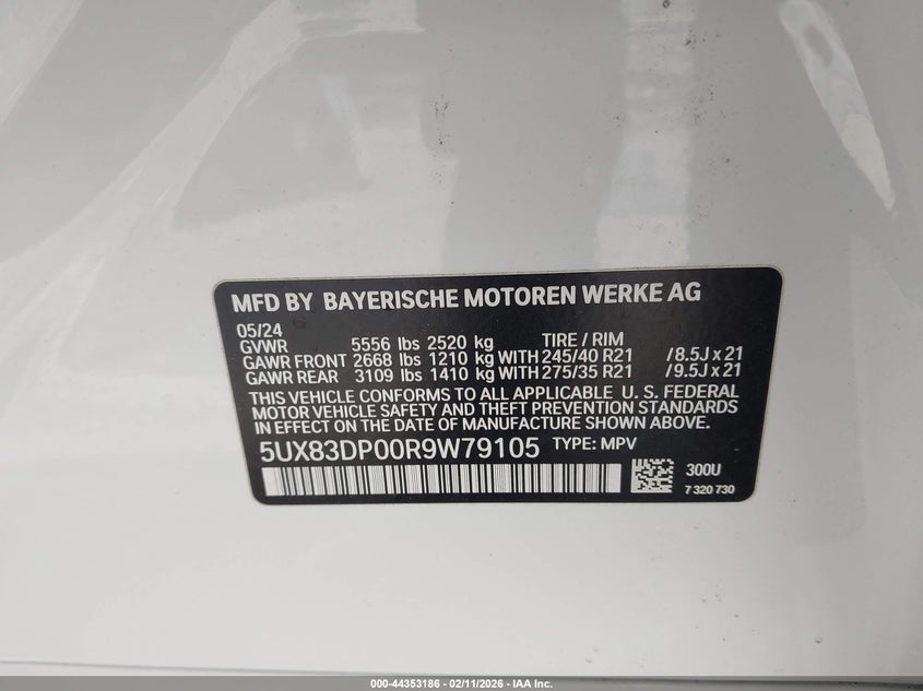 2024 BMW X3 M40I VIN: 5UX83DP00R9W79105 Lot: 44353186