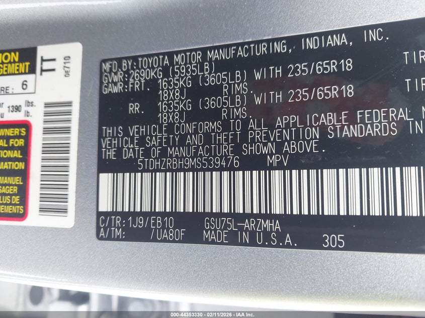 2021 Toyota Highlander Xle VIN: 5TDHZRBH9MS539476 Lot: 44353330